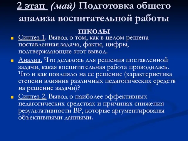 2 этап (май) Подготовка общего анализа воспитательной работы школы Синтез 1.