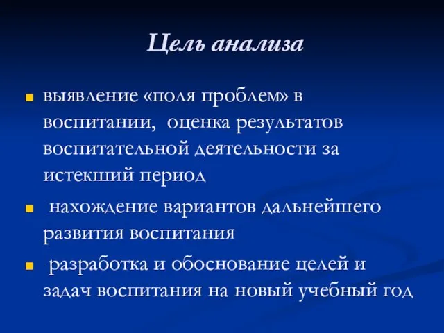 Цель анализа выявление «поля проблем» в воспитании, оценка результатов воспитательной деятельности