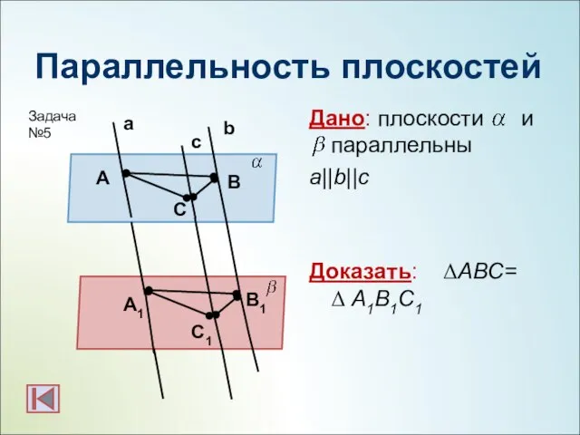 Параллельность плоскостей Дано: плоскости и параллельны a||b||c Доказать: ΔАВС= Δ А1В1С1