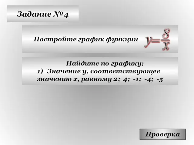 Задание №4 Постройте график функции Проверка Найдите по графику: Значение у,