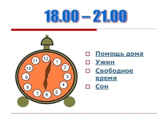 18.00 – 21.00 Помощь дома Ужин Свободное время Сон 18.00 – 21.00