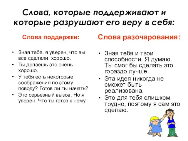 Слова, которые поддерживают и которые разрушают его веру в себя: Слова