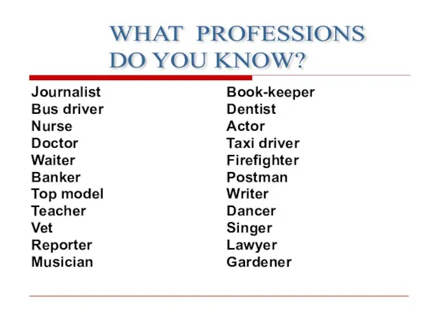 Journalist Bus driver Nurse Doctor Waiter Banker Top model Teacher Vet