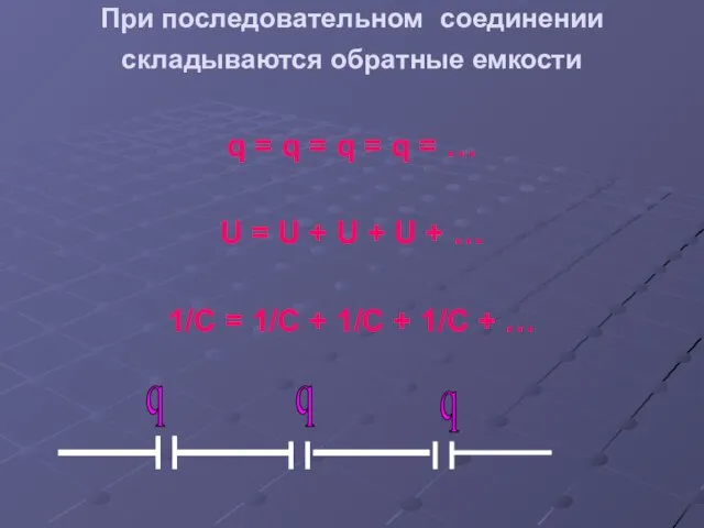 При последовательном соединении складываются обратные емкости q = q = q