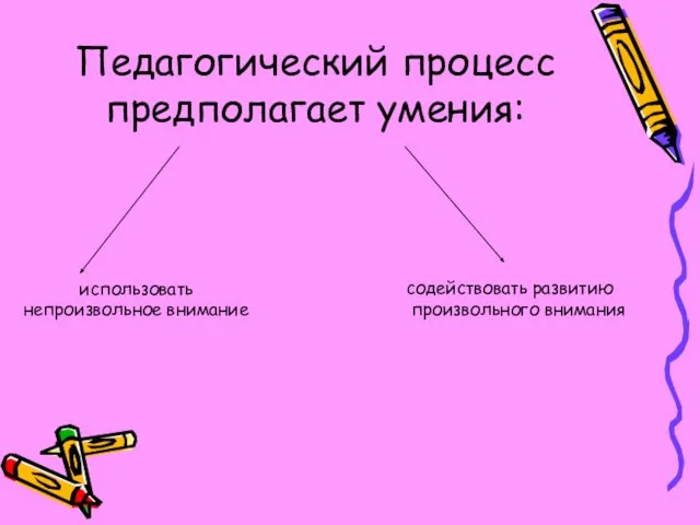 Педагогический процесс предполагает умения: использовать непроизвольное внимание содействовать развитию произвольного внимания