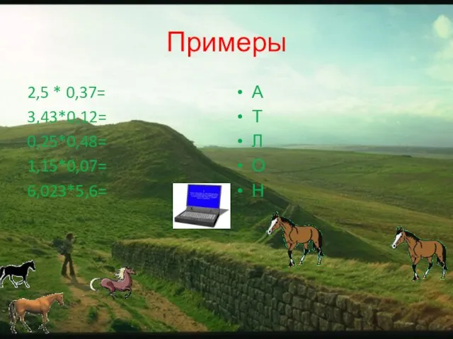 Примеры 2,5 * 0,37= 3,43*0,12= 0,25*0,48= 1,15*0,07= 6,023*5,6= А Т Л О Н