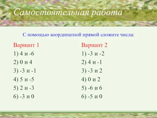 Самостоятельная работа Вариант 1 1) 4 и -6 2) 0 и