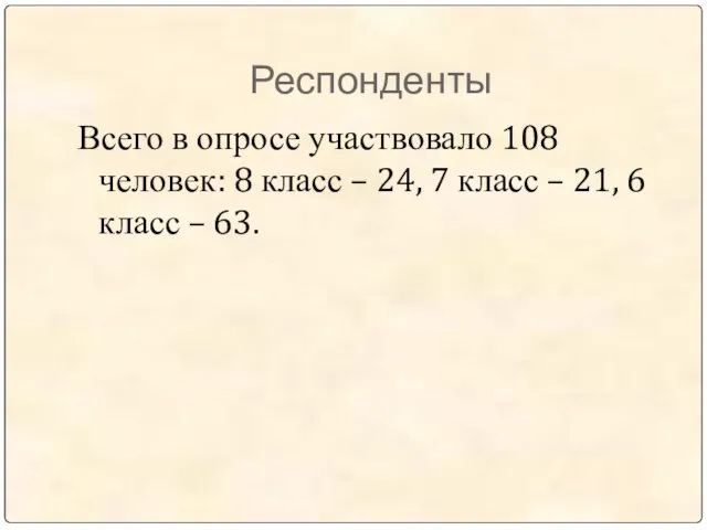 Респонденты Всего в опросе участвовало 108 человек: 8 класс – 24,