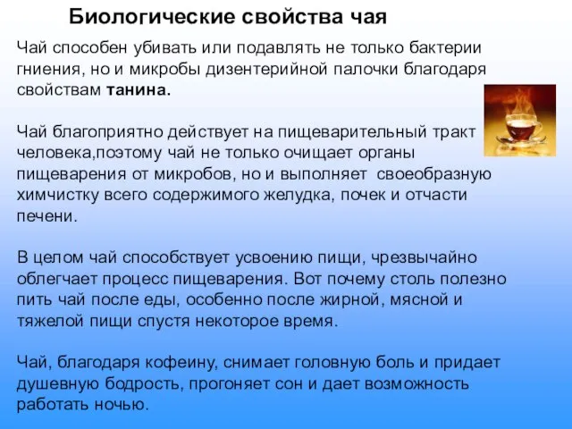 Биологические свойства чая Чай способен убивать или подавлять не только бактерии