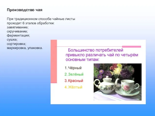 Производство чая При традиционном способе чайные листы проходят 6 этапов обработки: