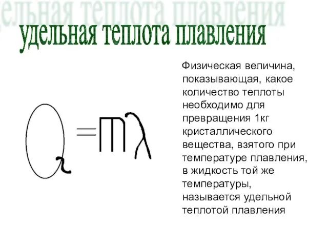 Физическая величина, показывающая, какое количество теплоты необходимо для превращения 1кг кристаллического