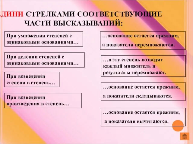 СОЕДИНИ СТРЕЛКАМИ СООТВЕТСТВУЮЩИЕ ЧАСТИ ВЫСКАЗЫВАНИЙ: При умножении степеней с одинаковыми основаниями…