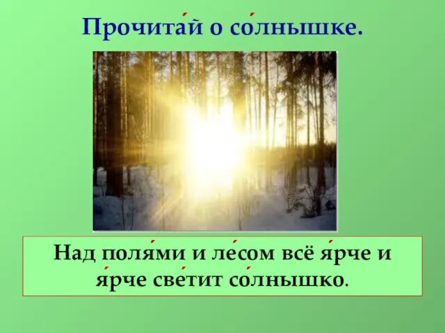 Над поля́ми и ле́сом всё я́рче и я́рче све́тит со́лнышко. Прочита́й о со́лнышке.