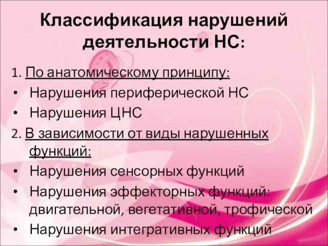 Классификация нарушений деятельности НС: 1. По анатомическому принципу: Нарушения периферической НС