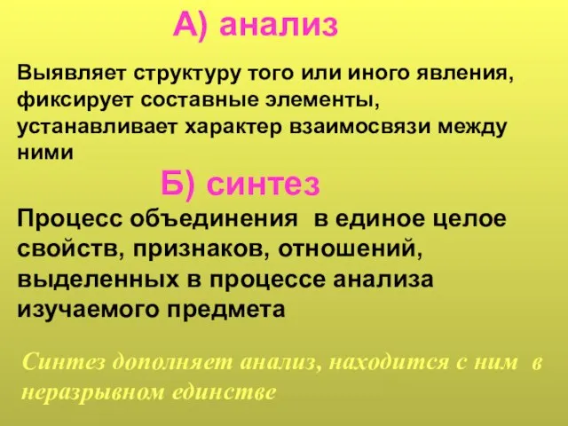 А) анализ Выявляет структуру того или иного явления, фиксирует составные элементы,