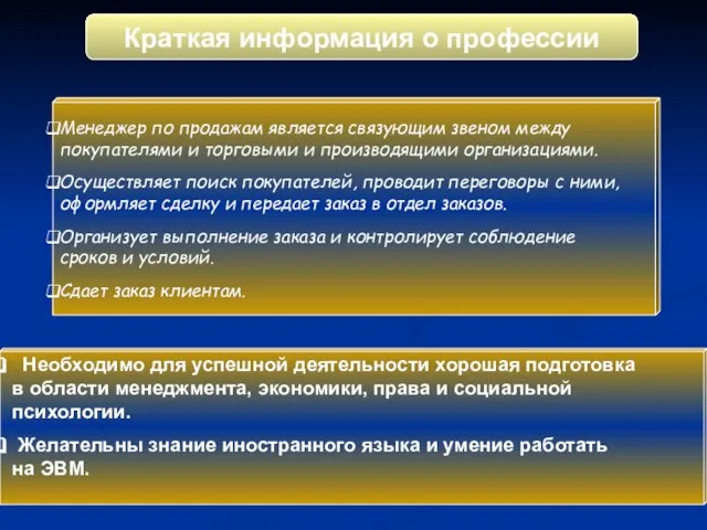 Необходимо для успешной деятельности хорошая подготовка в области менеджмента, экономики, права