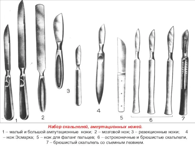 Набор скальпелей, ампутационных ножей. 1 – малый и большой ампутационные ножи;