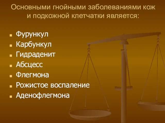 Основными гнойными заболеваниями кож и подкожной клетчатки является: Фурункул Карбункул Гидраденит Абсцесс Флегмона Рожистое воспаление Аденофлегмона