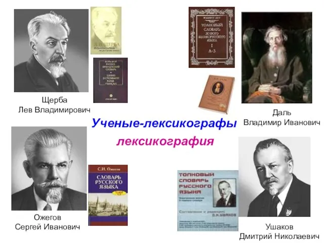 Ожегов Сергей Иванович Щерба Лев Владимирович Ушаков Дмитрий Николаевич Даль Владимир Иванович Ученые-лексикографы лексикография