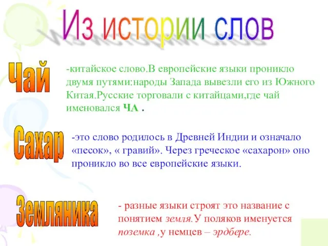 Из истории слов Чай -китайское слово.В европейские языки проникло двумя путями:народы