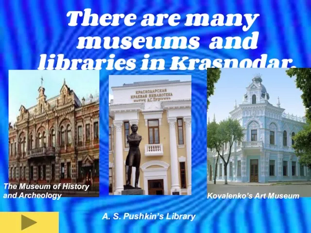 There are many museums and libraries in Krasnodar. The Museum of