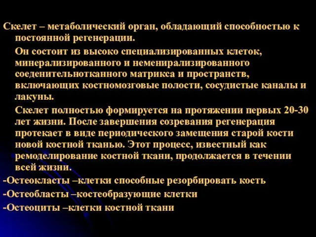 Скелет – метаболический орган, обладающий способностью к постоянной регенерации. Он состоит