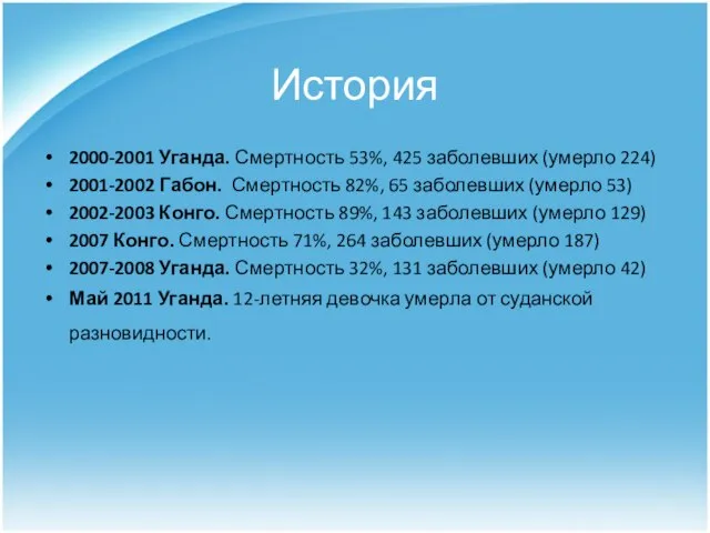 История 2000-2001 Уганда. Смертность 53%, 425 заболевших (умерло 224) 2001-2002 Габон.