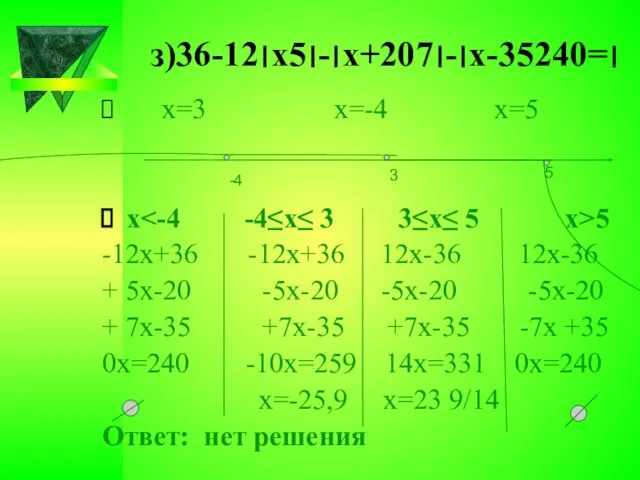 з)׀36-12х׀-׀5х+20׀-׀7х-35׀=240 х=3 х=-4 х=5 х 5 -12х+36 -12х+36 12х-36 12х-36 +