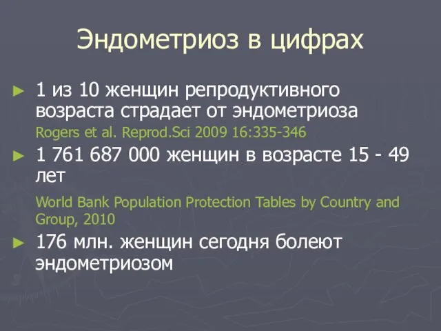 Эндометриоз в цифрах 1 из 10 женщин репродуктивного возраста страдает от