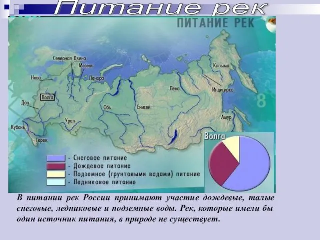 Питание рек В питании рек России принимают участие дождевые, талые снеговые,