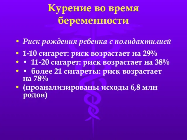 Курение во время беременности Риск рождения ребенка с полидактилией 1-10 сигарет: