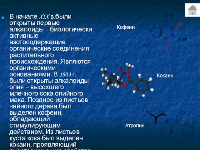 В начале XIX в.были открыты первые алкалоиды – биологически активные азотосодержащие