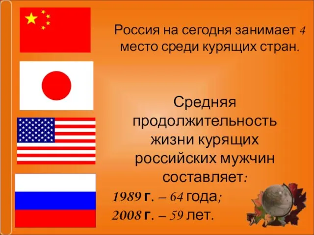 Россия на сегодня занимает 4 место среди курящих стран. Средняя продолжительность