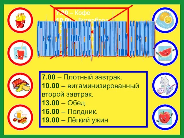 7.00 – Кофе 10.00 – Бутерброд 12.00 - Доширак 14.00 –