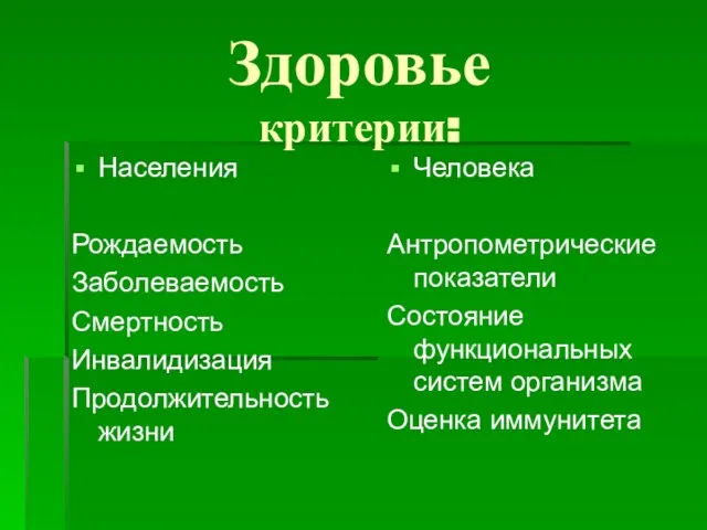 Здоровье критерии: Населения Рождаемость Заболеваемость Смертность Инвалидизация Продолжительность жизни Человека Антропометрические