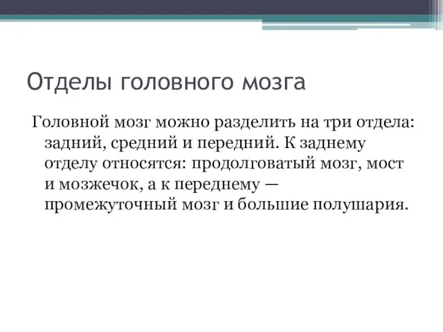 Отделы головного мозга Головной мозг можно разделить на три отдела: задний,