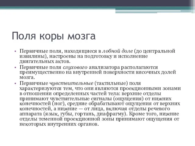 Поля коры мозга Первичные поля, находящиеся в лобной доле (до центральной