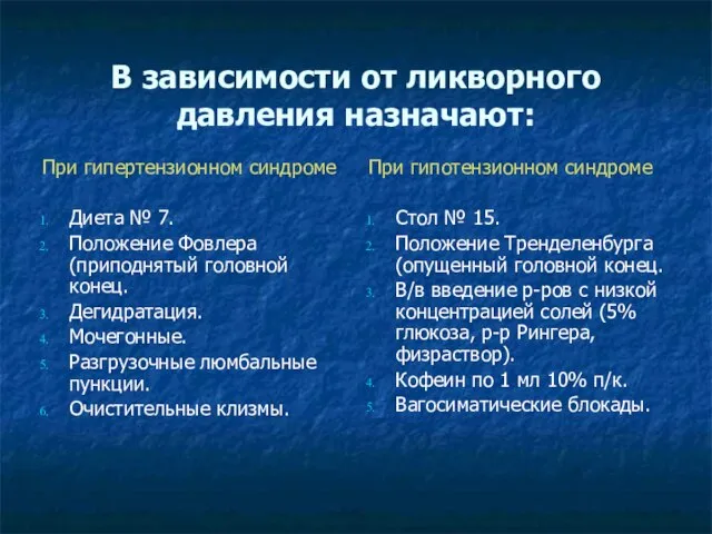 В зависимости от ликворного давления назначают: При гипертензионном синдроме Диета №