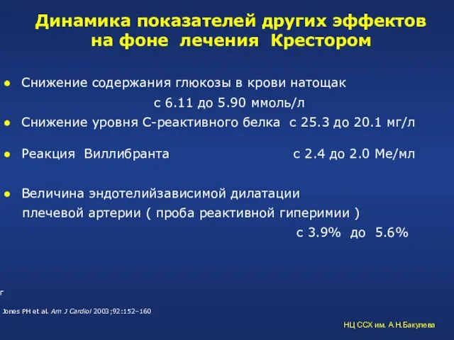 Динамика показателей других эффектов на фоне лечения Крестором Снижение содержания глюкозы