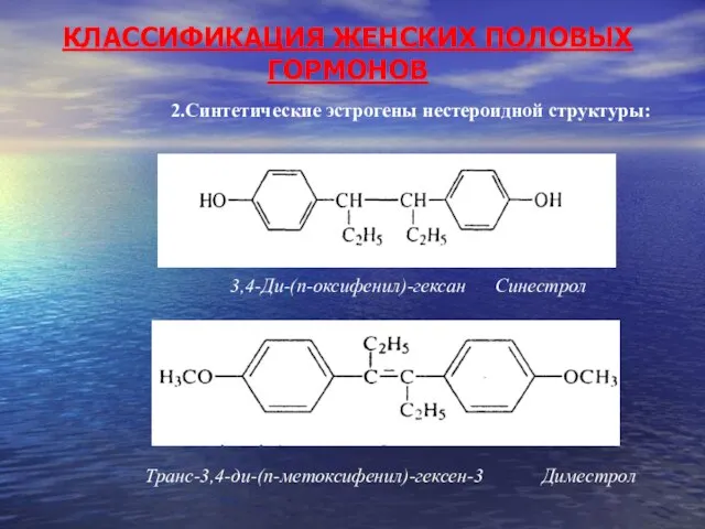 КЛАССИФИКАЦИЯ ЖЕНСКИХ ПОЛОВЫХ ГОРМОНОВ 2.Синтетические эстрогены нестероидной структуры: 3,4-Ди-(n-оксифенил)-гексан Синестрол Транс-3,4-ди-(n-метоксифенил)-гексен-3 Диместрол