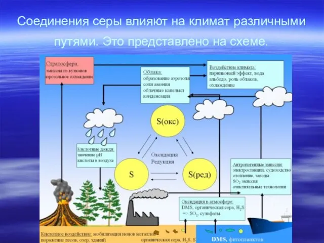 Соединения серы влияют на климат различными путями. Это представлено на схеме.