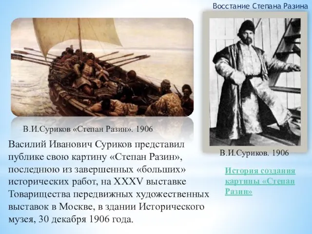 Василий Иванович Суриков представил публике свою картину «Степан Разин», последнюю из