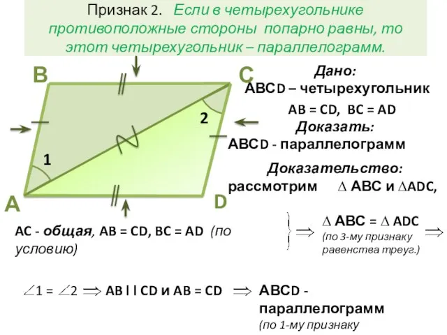 Признак 2. Если в четырехугольнике противоположные стороны попарно равны, то этот