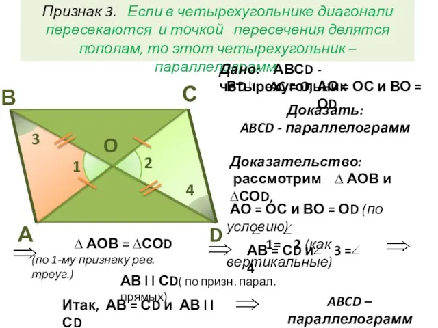 АВ = СD и 3 = 4 АО = ОС и