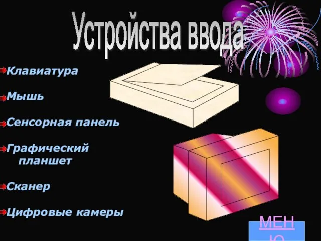 Устройства ввода Клавиатура Мышь Сенсорная панель Графический планшет Сканер Цифровые камеры МЕНЮ