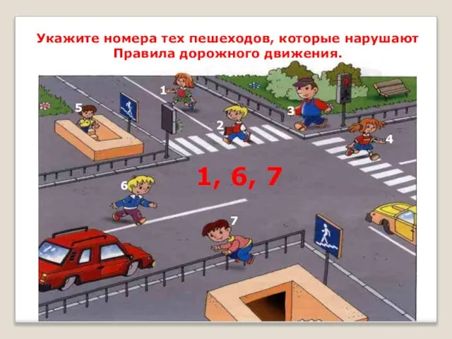 Укажите номера тех пешеходов, которые нарушают Правила дорожного движения. 1 2