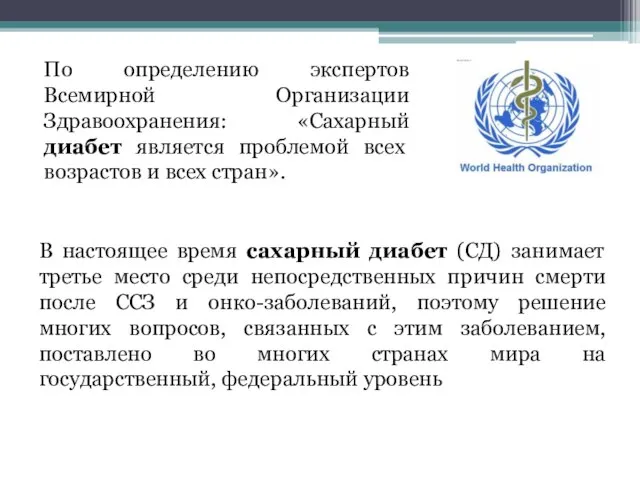 По определению экспертов Всемирной Организации Здравоохранения: «Сахарный диабет является проблемой всех