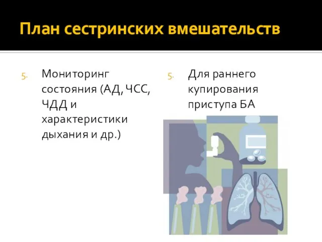 План сестринских вмешательств Мониторинг состояния (АД, ЧСС, ЧДД и характеристики дыхания