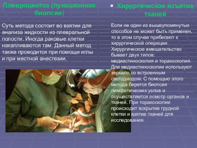 Хирургическое изъятие тканей Плевроцентоз (пункционная биопсия) Суть метода состоит во взятии