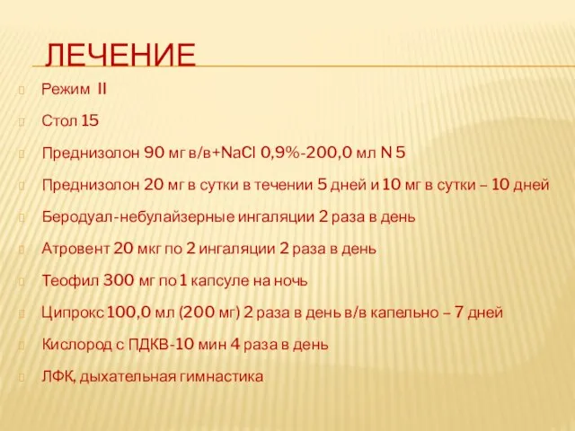 Лечение Режим II Стол 15 Преднизолон 90 мг в/в+NaCl 0,9%-200,0 мл